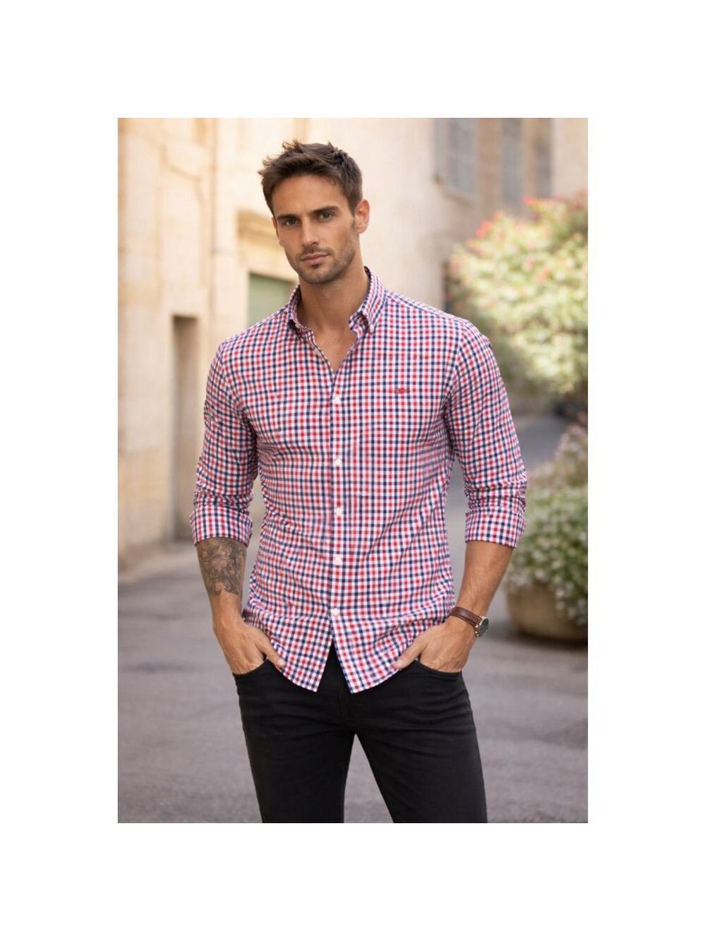 Pennington & Bailes Mens Large Gingham Button Down Shirt Red Blue White